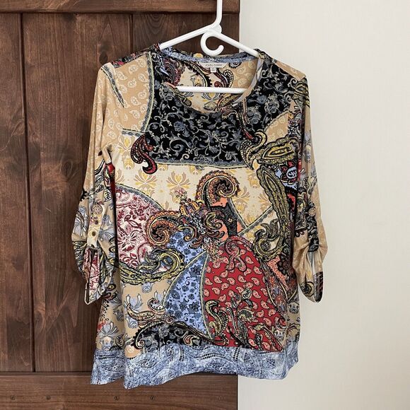 John Mark Top Womens XS boho Paisley Artsy Funky Hippie Blouse Stretch - Picture 1 of 11